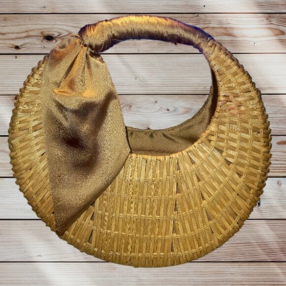 SCOOP Wicker Crescent Crossbody Straw Purse Handbag Basket - Brown Scarf Accent - Picture 1 of 6